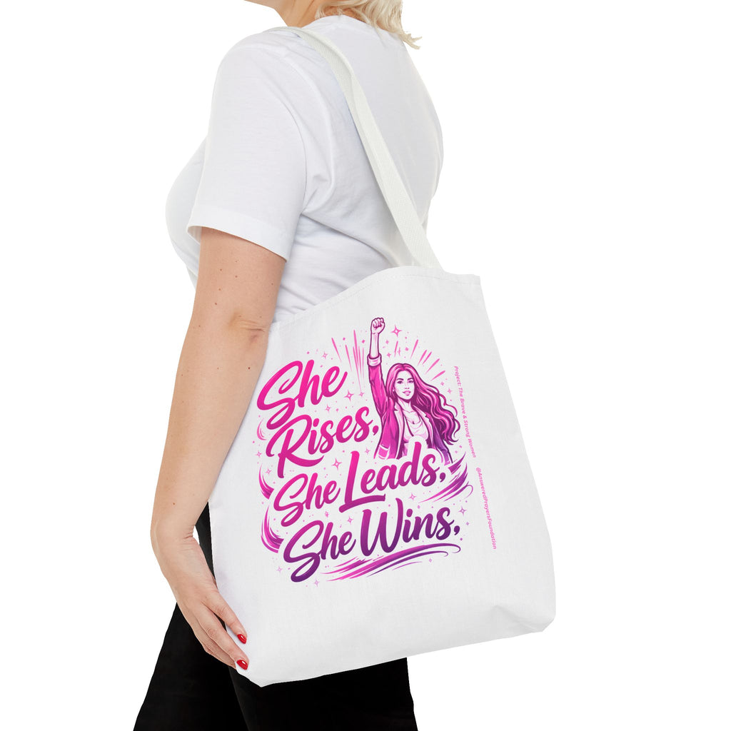 She Rises She Leads She Wins Tote Bag | Feminist Empowerment Graphic