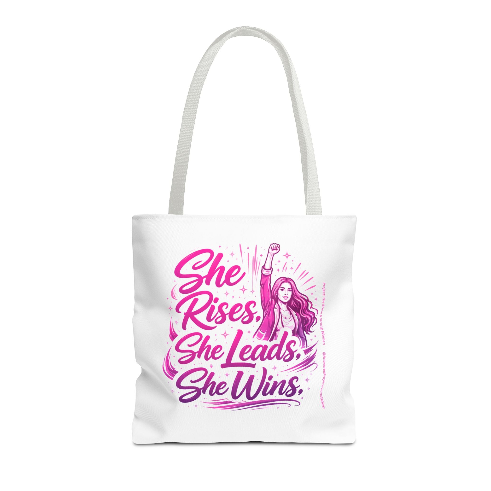 She Rises She Leads She Wins Tote Bag | Feminist Empowerment Graphic