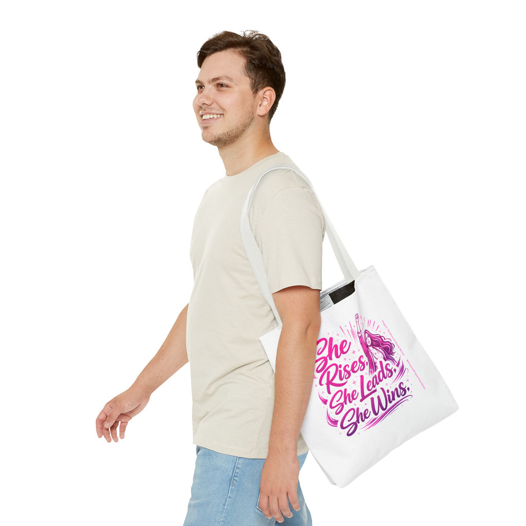 She Rises She Leads She Wins Tote Bag | Feminist Empowerment Graphic