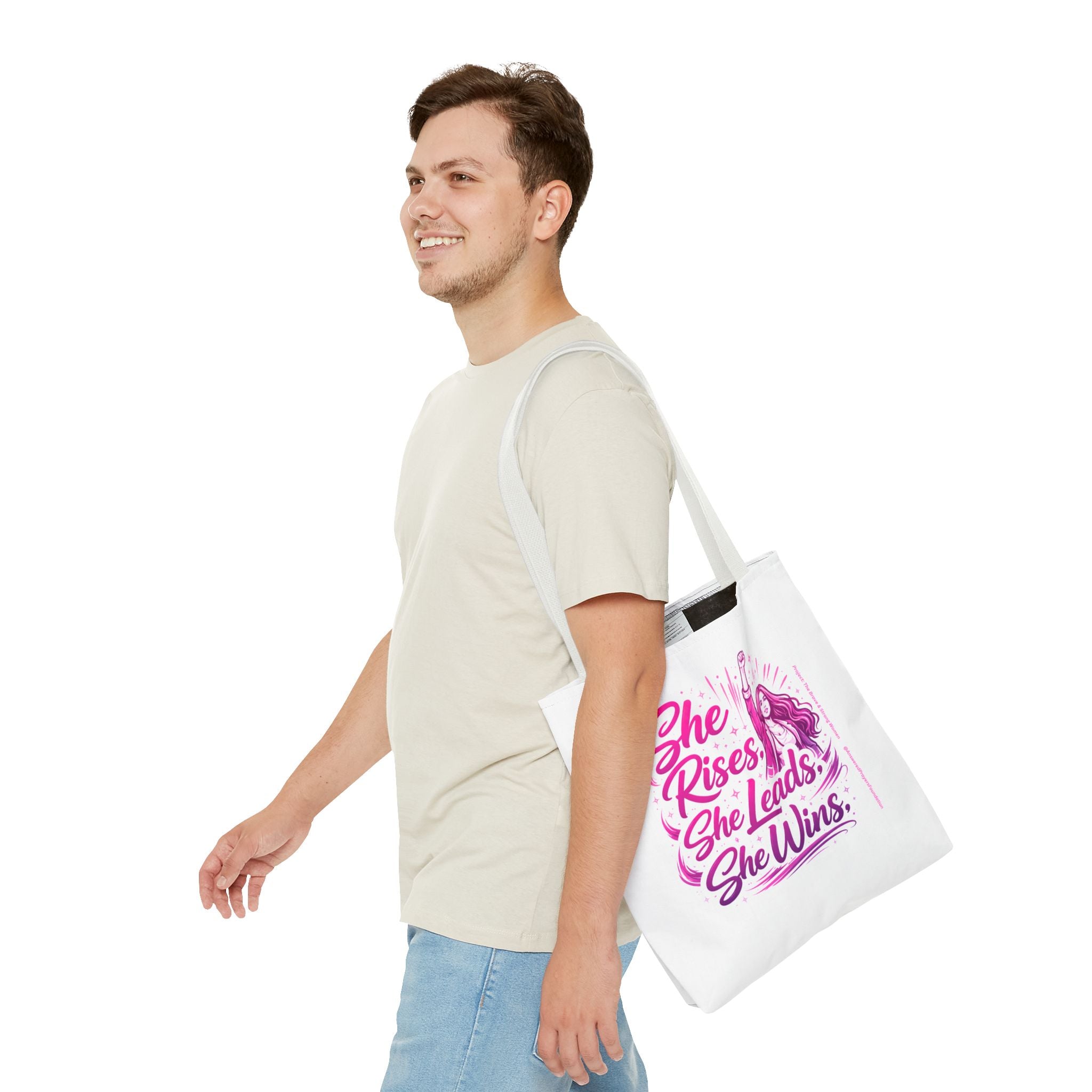 She Rises She Leads She Wins Tote Bag | Feminist Empowerment Graphic
