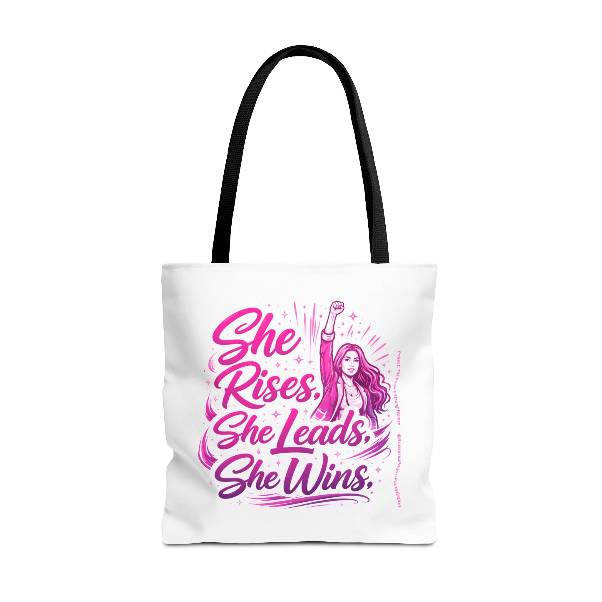 She Rises She Leads She Wins Tote Bag | Feminist Empowerment Graphic