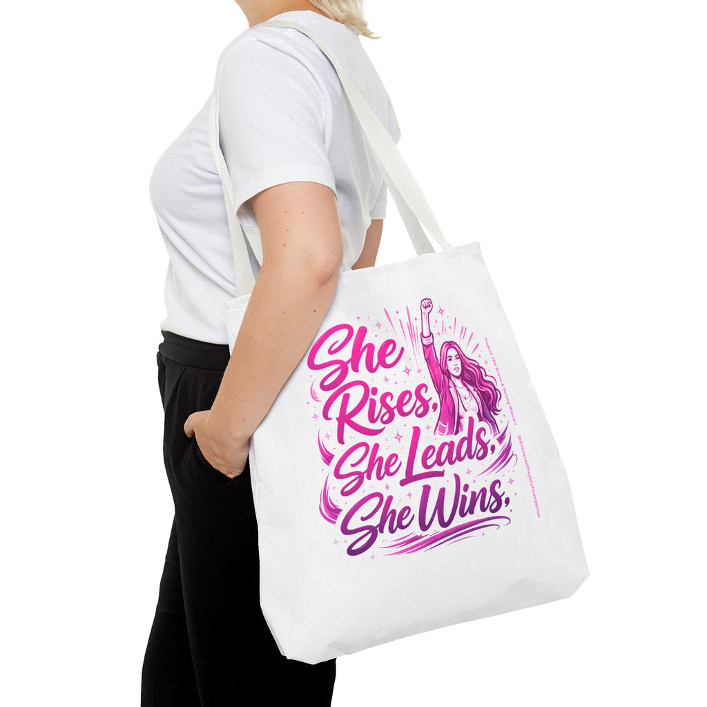 She Rises She Leads She Wins Tote Bag | Feminist Empowerment Graphic