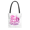 She Rises She Leads She Wins Tote Bag | Feminist Empowerment Graphic