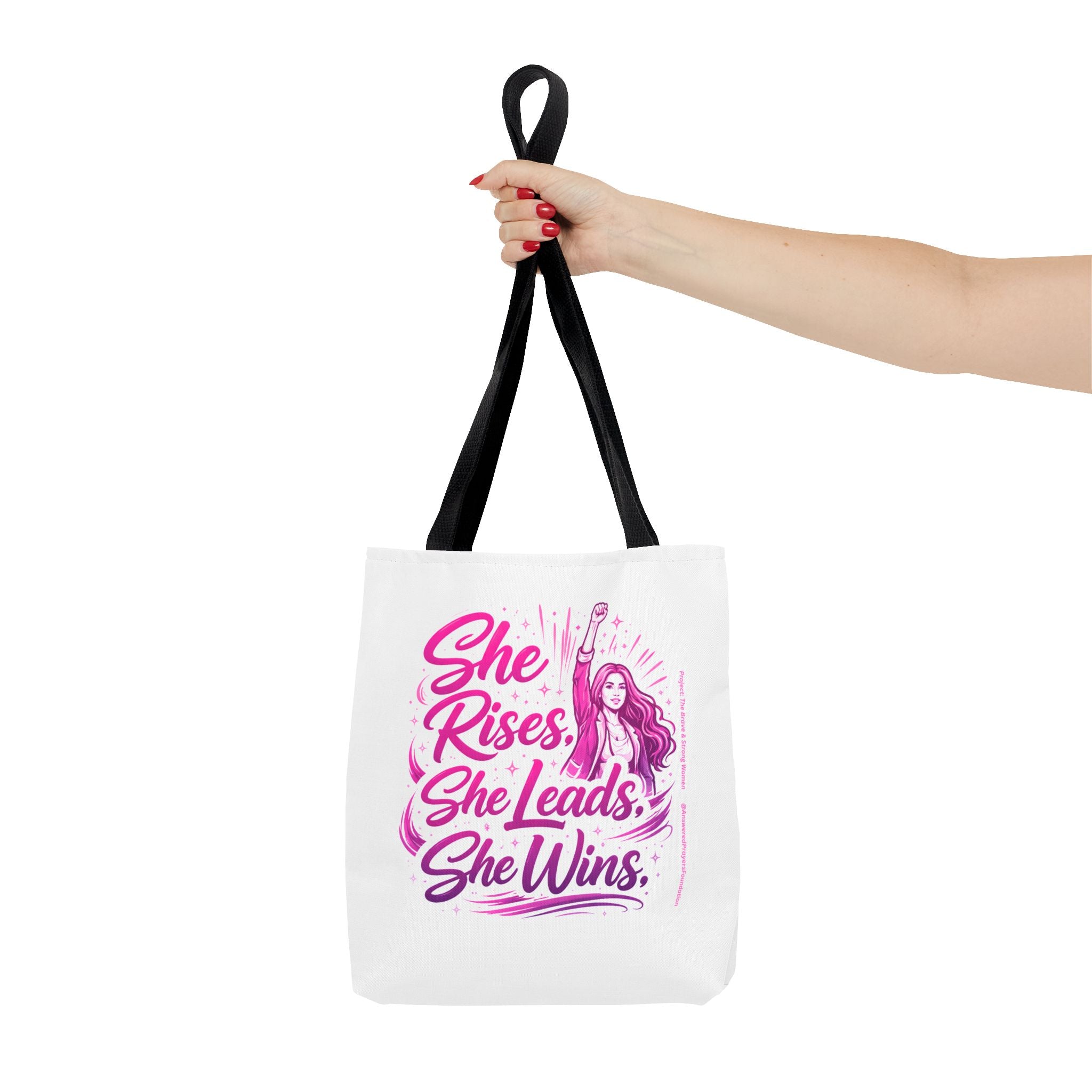 She Rises She Leads She Wins Tote Bag | Feminist Empowerment Graphic