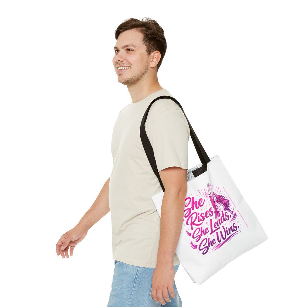 She Rises She Leads She Wins Tote Bag | Feminist Empowerment Graphic