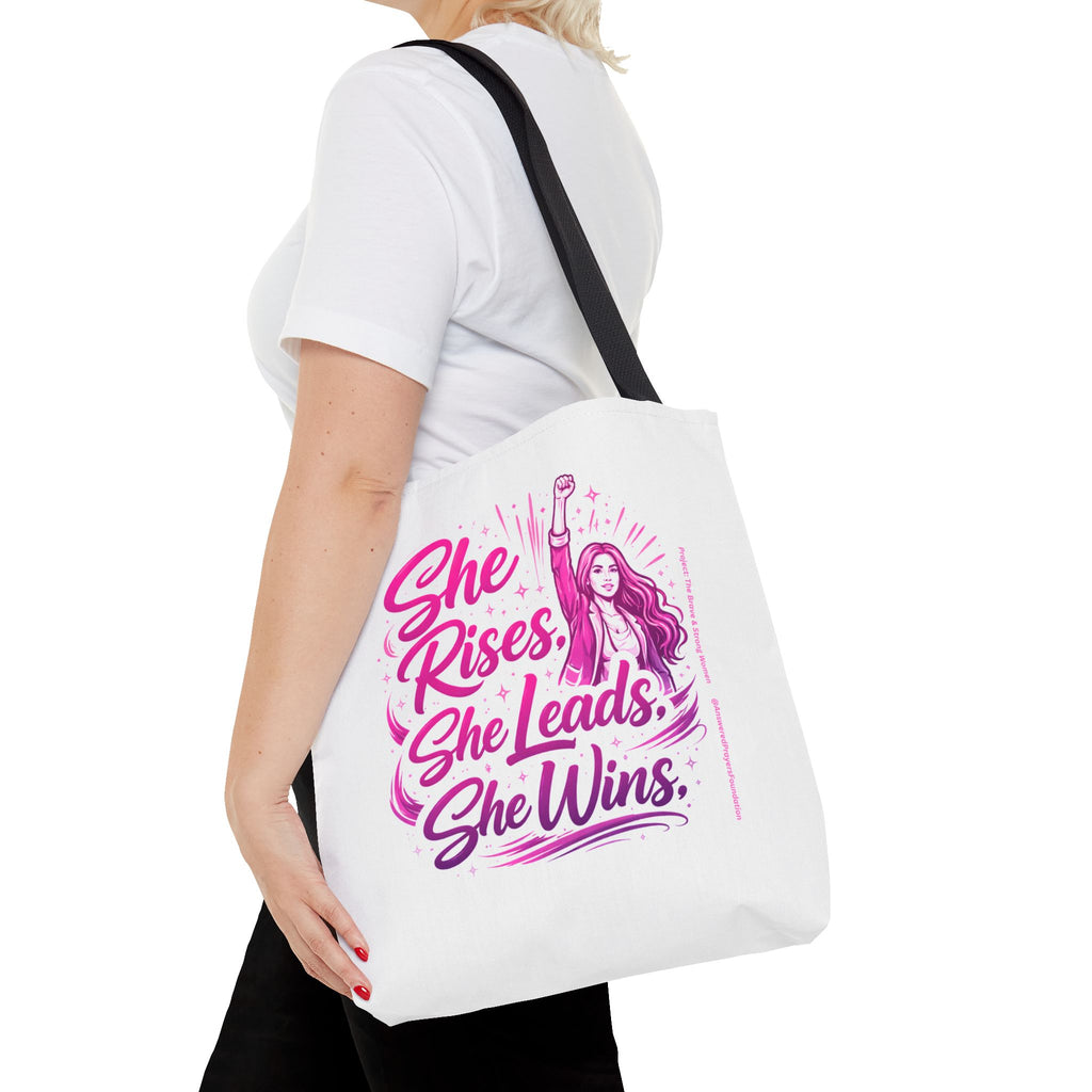 She Rises She Leads She Wins Tote Bag | Feminist Empowerment Graphic