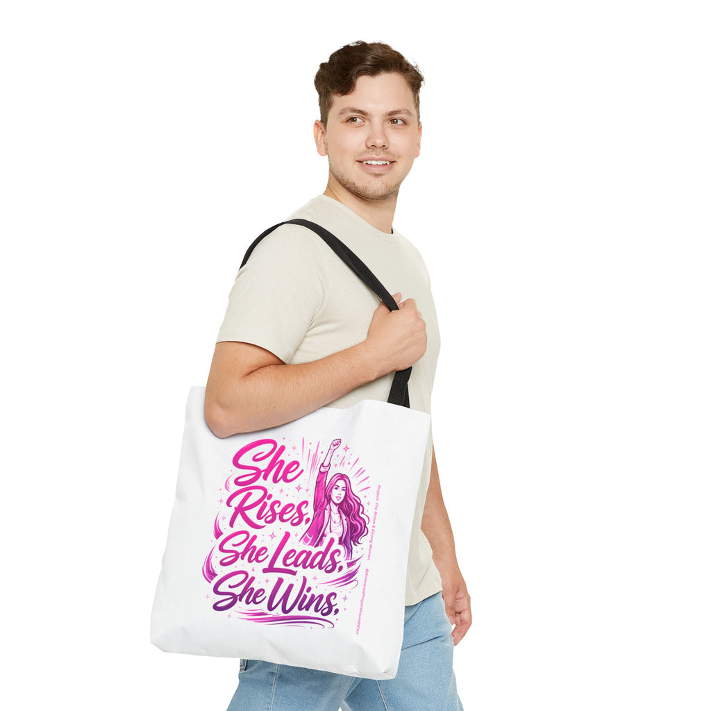 She Rises She Leads She Wins Tote Bag | Feminist Empowerment Graphic