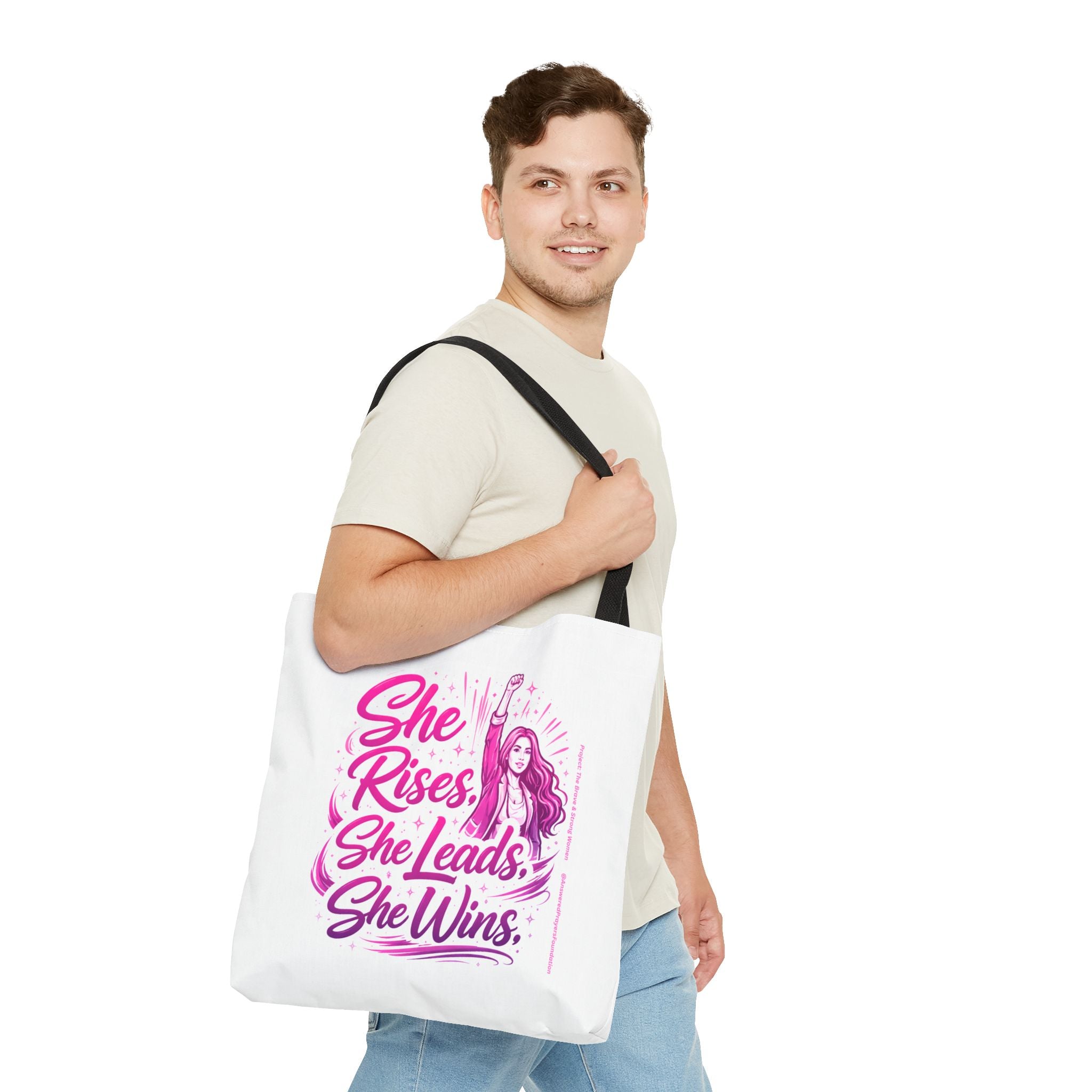 She Rises She Leads She Wins Tote Bag | Feminist Empowerment Graphic