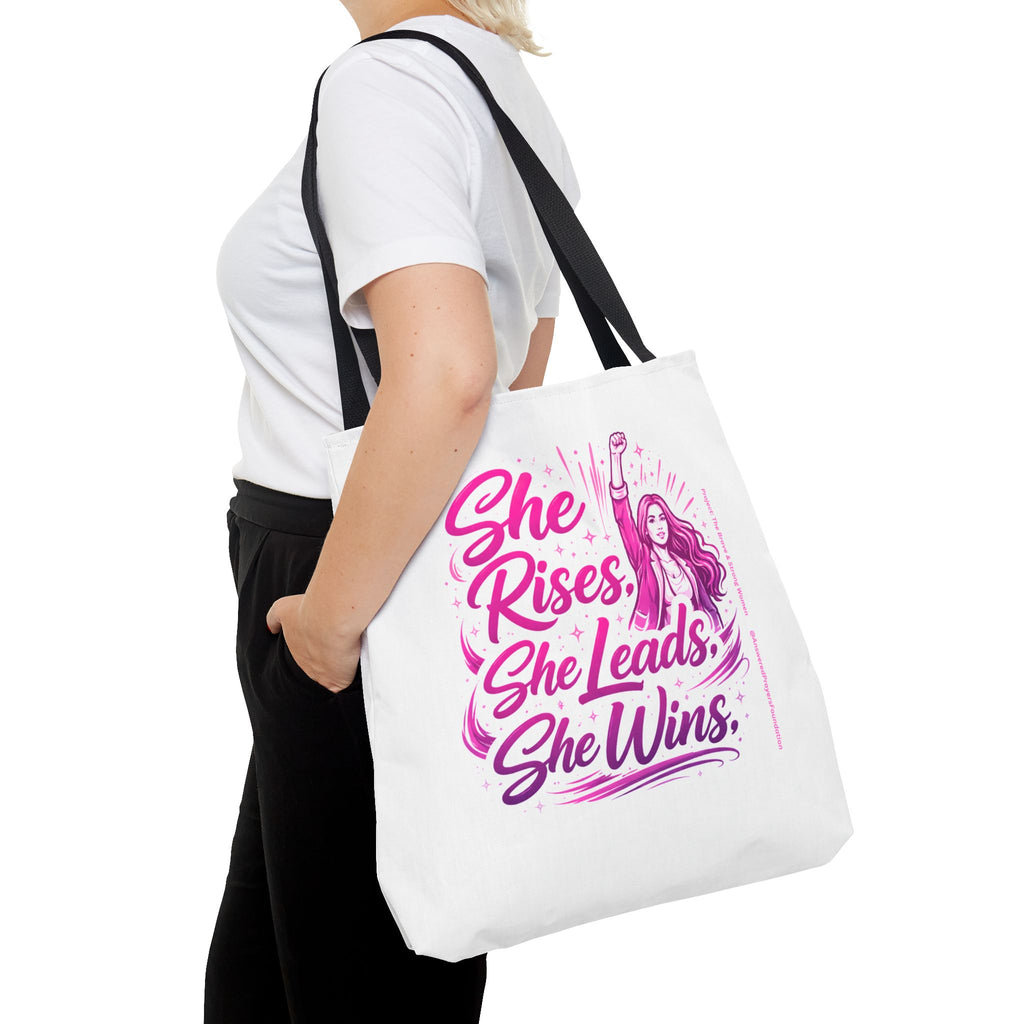 She Rises She Leads She Wins Tote Bag | Feminist Empowerment Graphic