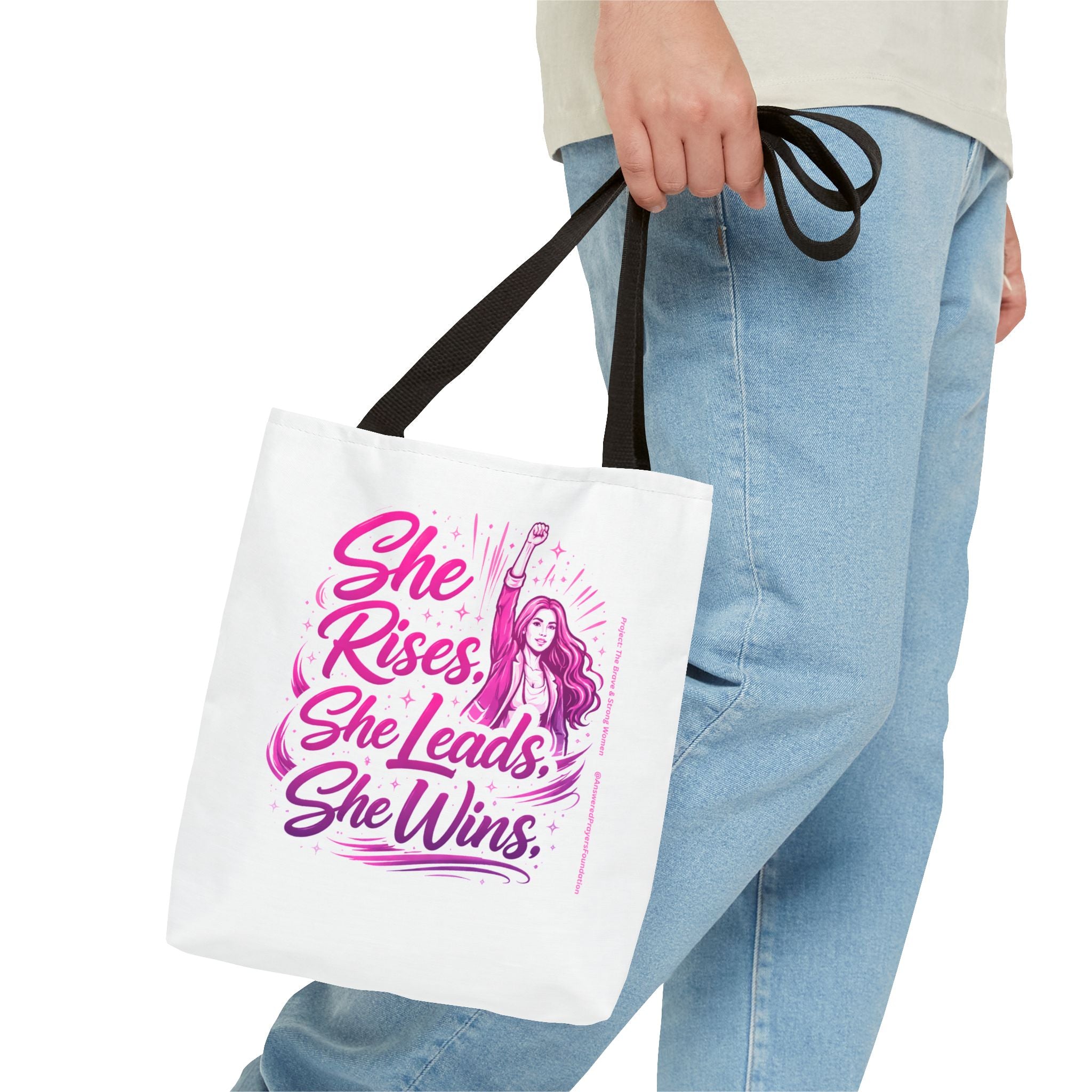She Rises She Leads She Wins Tote Bag | Feminist Empowerment Graphic
